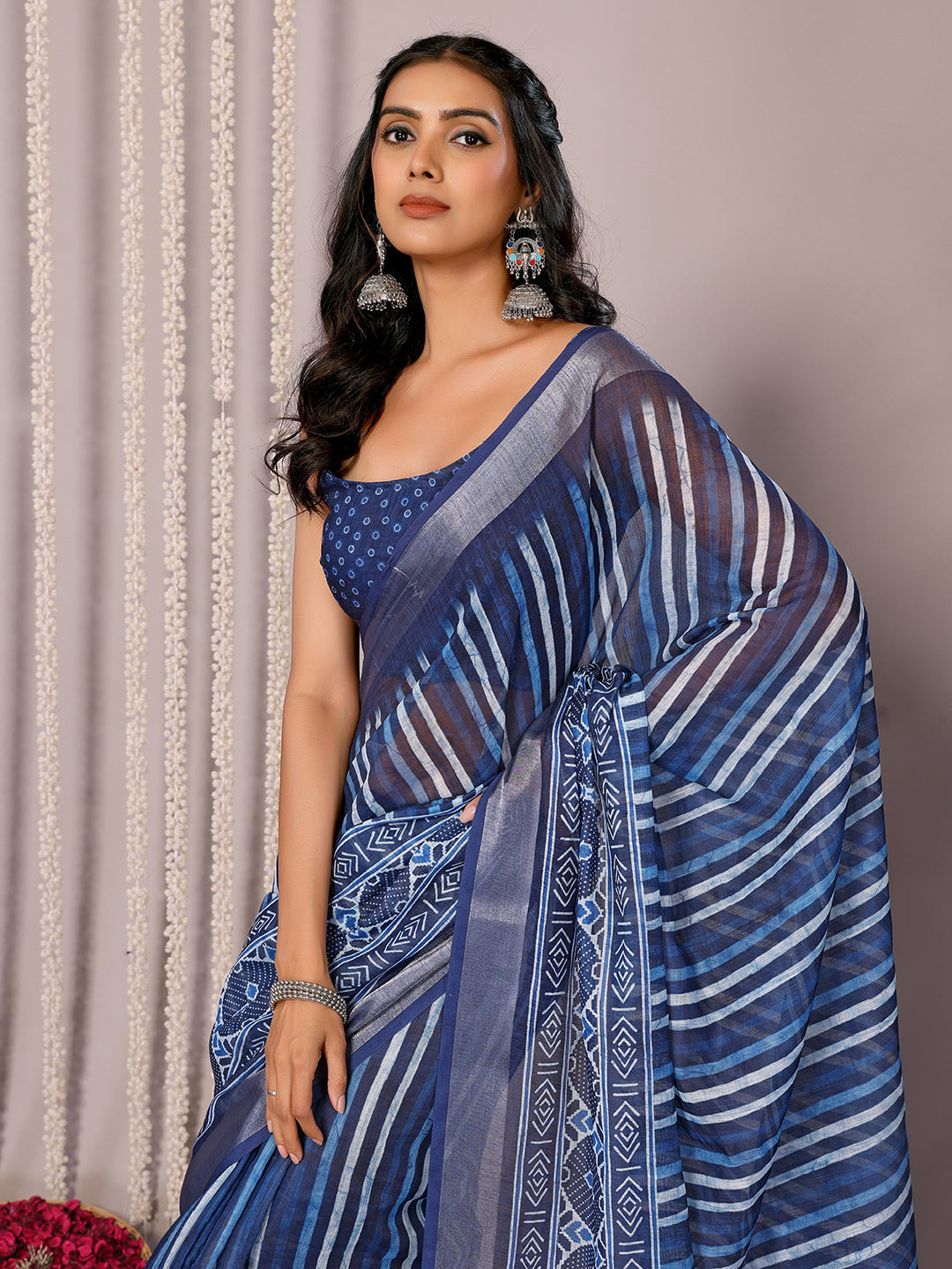 Janasya Blue Cotton Linen Geometric Printed Saree - Distacart