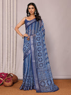 Janasya Blue Cotton Linen Geometric Printed Saree - Distacart