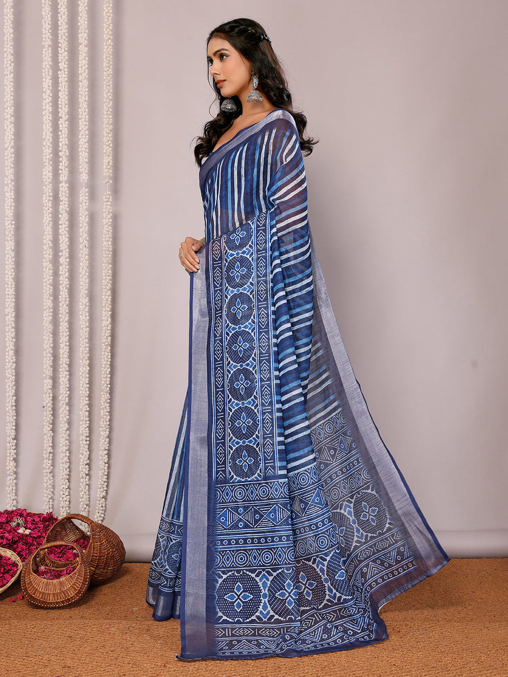 Janasya Blue Cotton Linen Geometric Printed Saree - Distacart