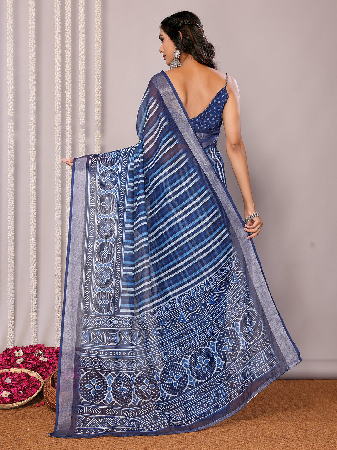 Janasya Blue Cotton Linen Geometric Printed Saree - Distacart