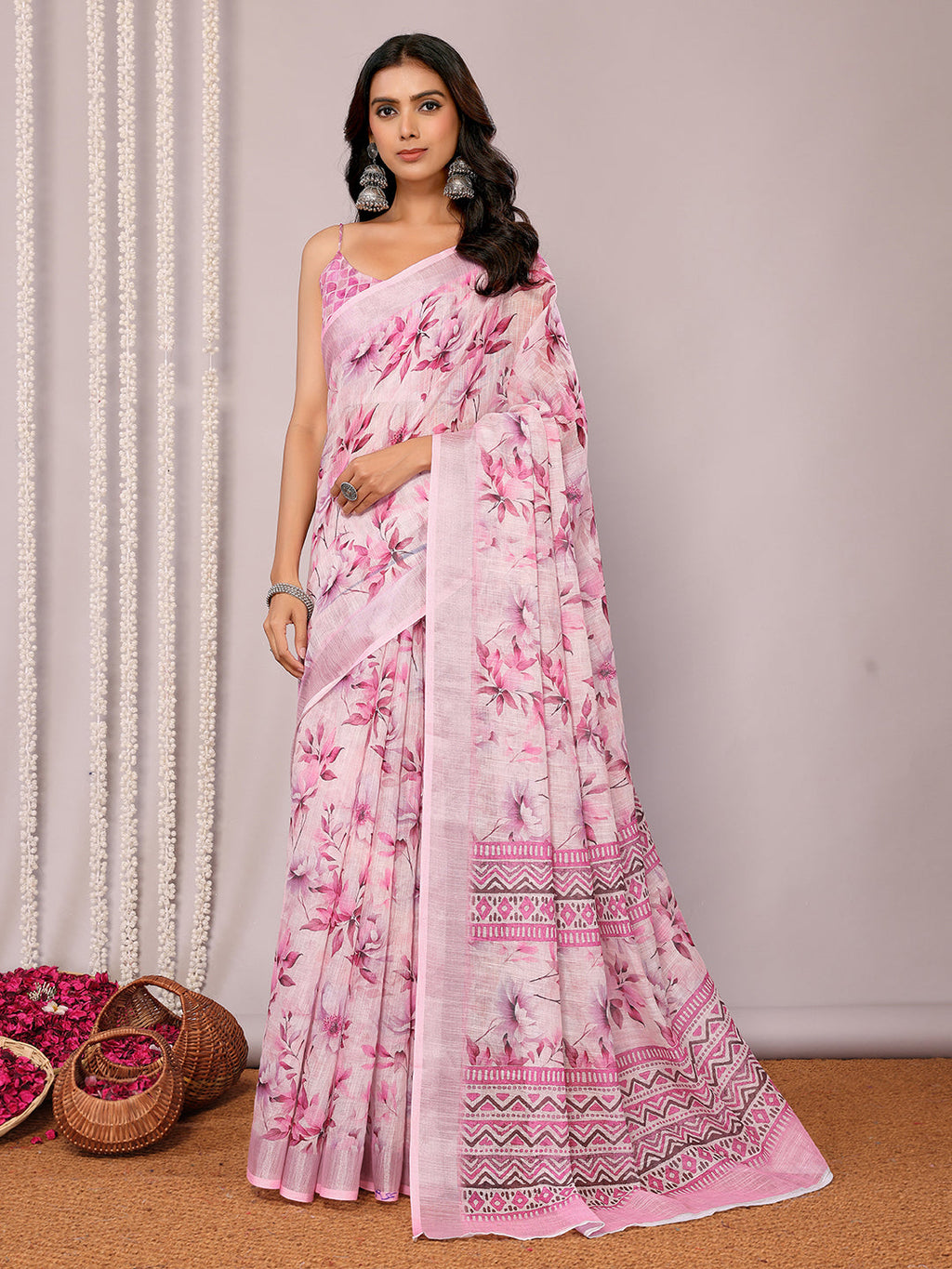 Janasya Pink Cotton Linen Floral Printed Saree - Distacart