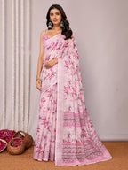 Janasya Pink Cotton Linen Floral Printed Saree - Distacart
