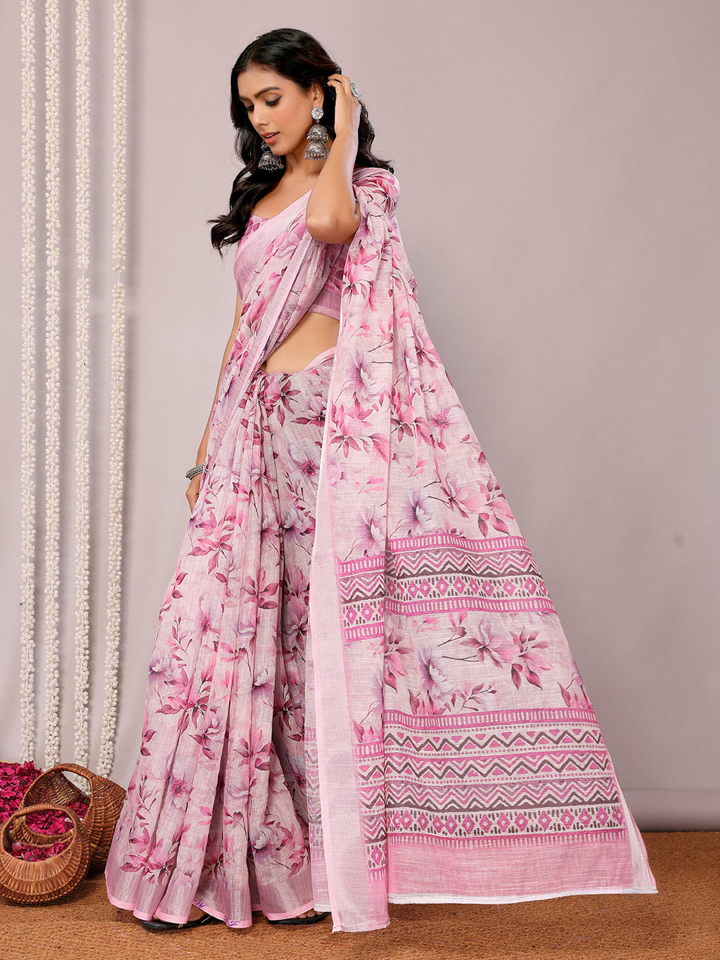 Janasya Pink Cotton Linen Floral Printed Saree - Distacart