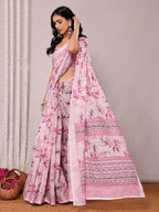 Janasya Pink Cotton Linen Floral Printed Saree - Distacart