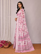 Janasya Pink Cotton Linen Floral Printed Saree - Distacart