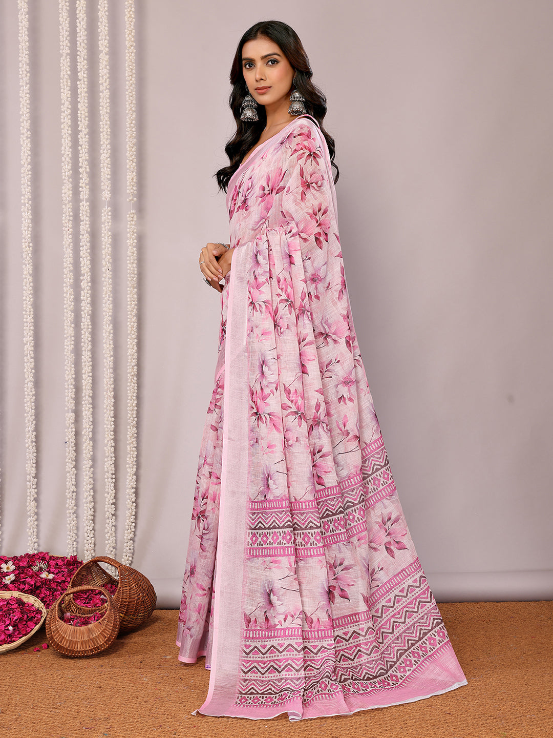 Janasya Pink Cotton Linen Floral Printed Saree - Distacart