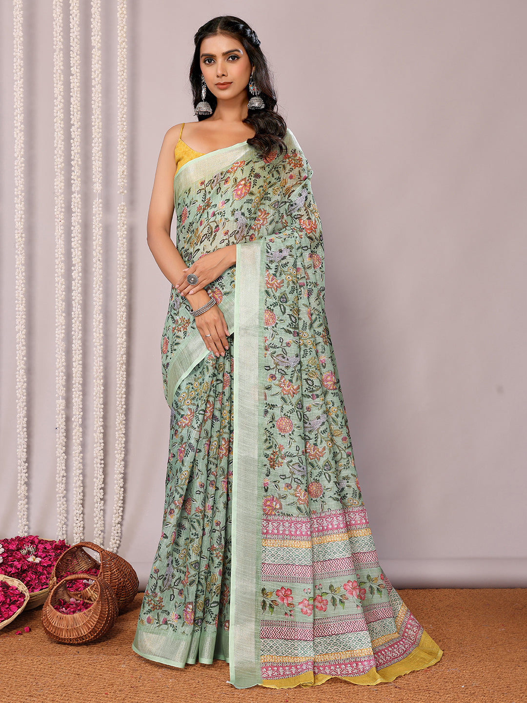 Janasya Sage Green Cotton Linen Floral Printed Saree - Distacart