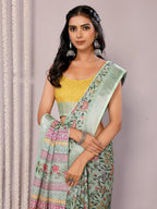 Janasya Sage Green Cotton Linen Floral Printed Saree - Distacart