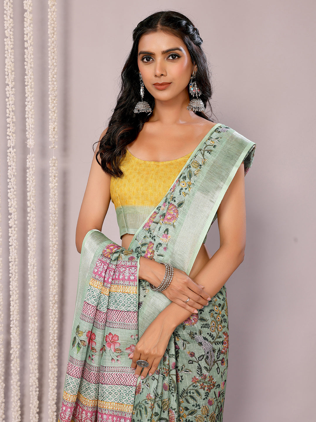 Janasya Sage Green Cotton Linen Floral Printed Saree - Distacart