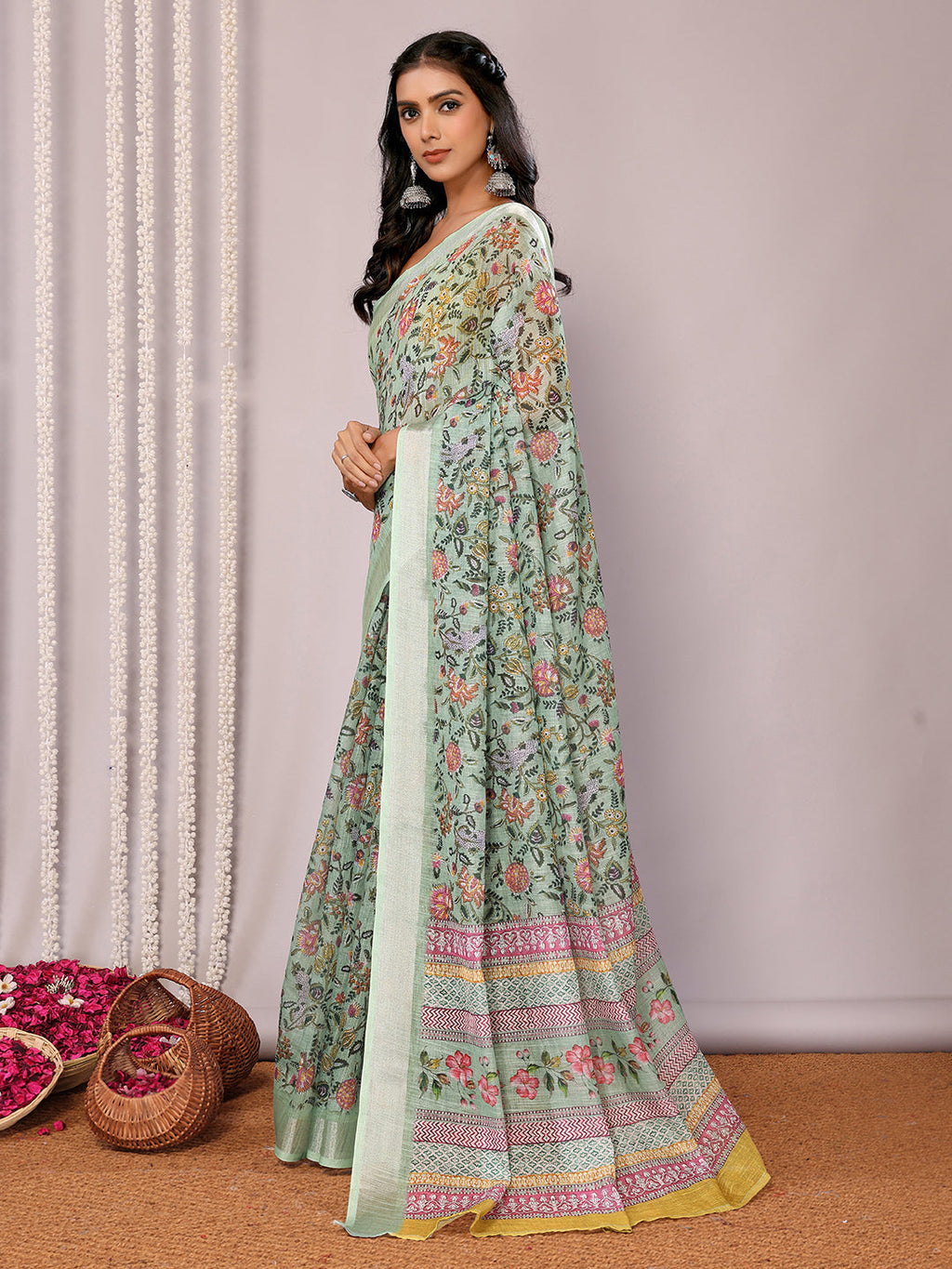 Janasya Sage Green Cotton Linen Floral Printed Saree - Distacart