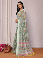 Janasya Sage Green Cotton Linen Floral Printed Saree - Distacart