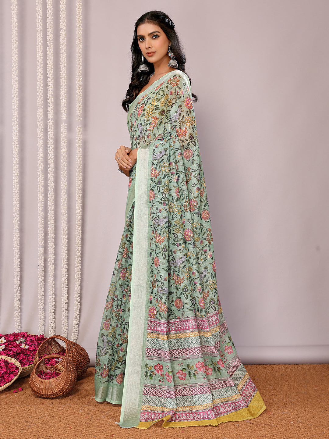 Janasya Sage Green Cotton Linen Floral Printed Saree - Distacart