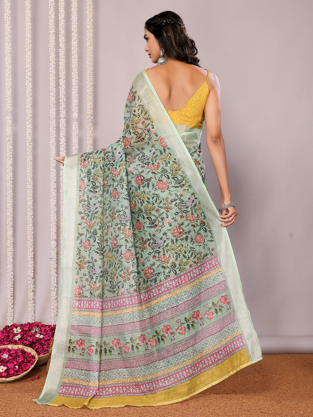 Janasya Sage Green Cotton Linen Floral Printed Saree - Distacart