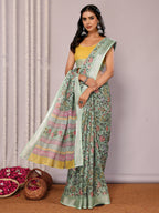 Janasya Sage Green Cotton Linen Floral Printed Saree - Distacart