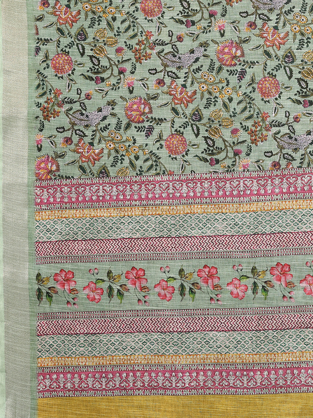 Janasya Sage Green Cotton Linen Floral Printed Saree - Distacart