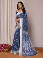 Janasya Navy Blue Cotton Linen Block Print Printed Saree - Distacart