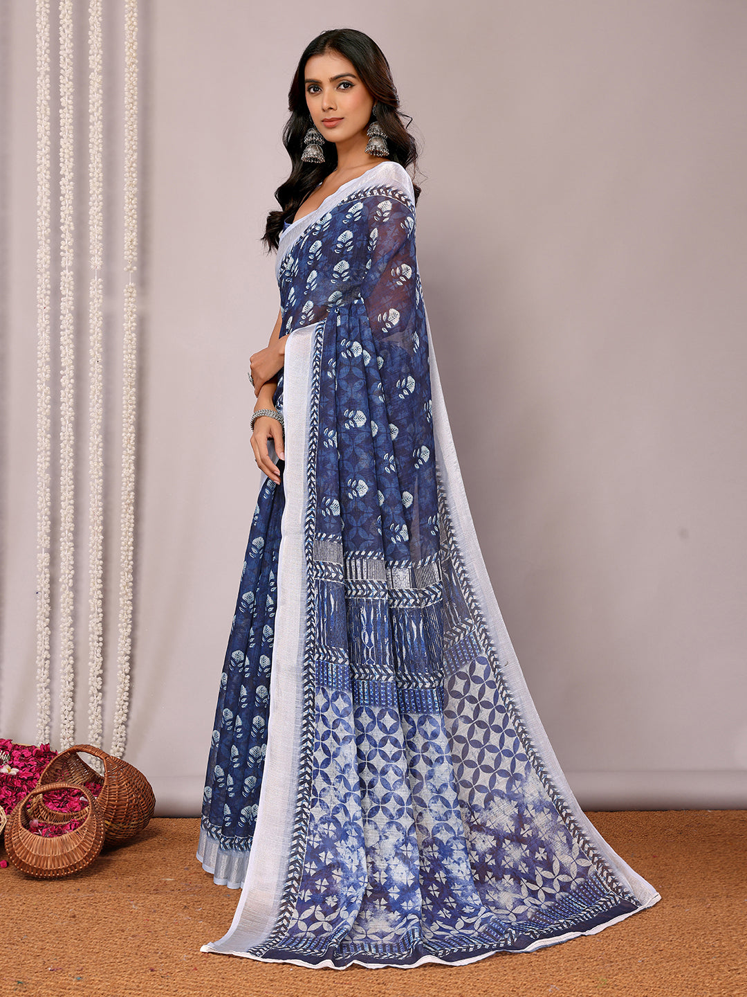 Janasya Navy Blue Cotton Linen Block Print Printed Saree - Distacart