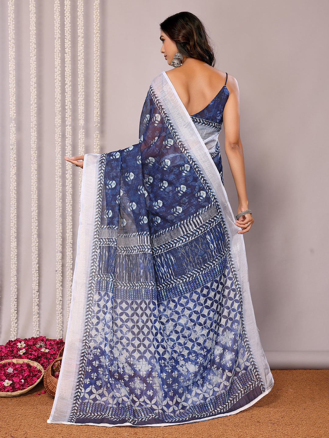 Janasya Navy Blue Cotton Linen Block Print Printed Saree - Distacart
