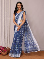 Janasya Navy Blue Cotton Linen Block Print Printed Saree - Distacart