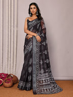 Janasya Black Cotton Linen Floral Printed Saree - Distacart