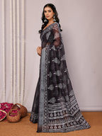 Janasya Black Cotton Linen Floral Printed Saree - Distacart