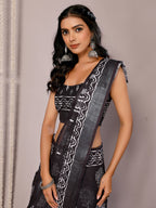 Janasya Black Cotton Linen Floral Printed Saree - Distacart