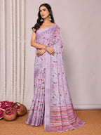 Janasya Lavender Cotton Linen Floral Printed Saree - Distacart