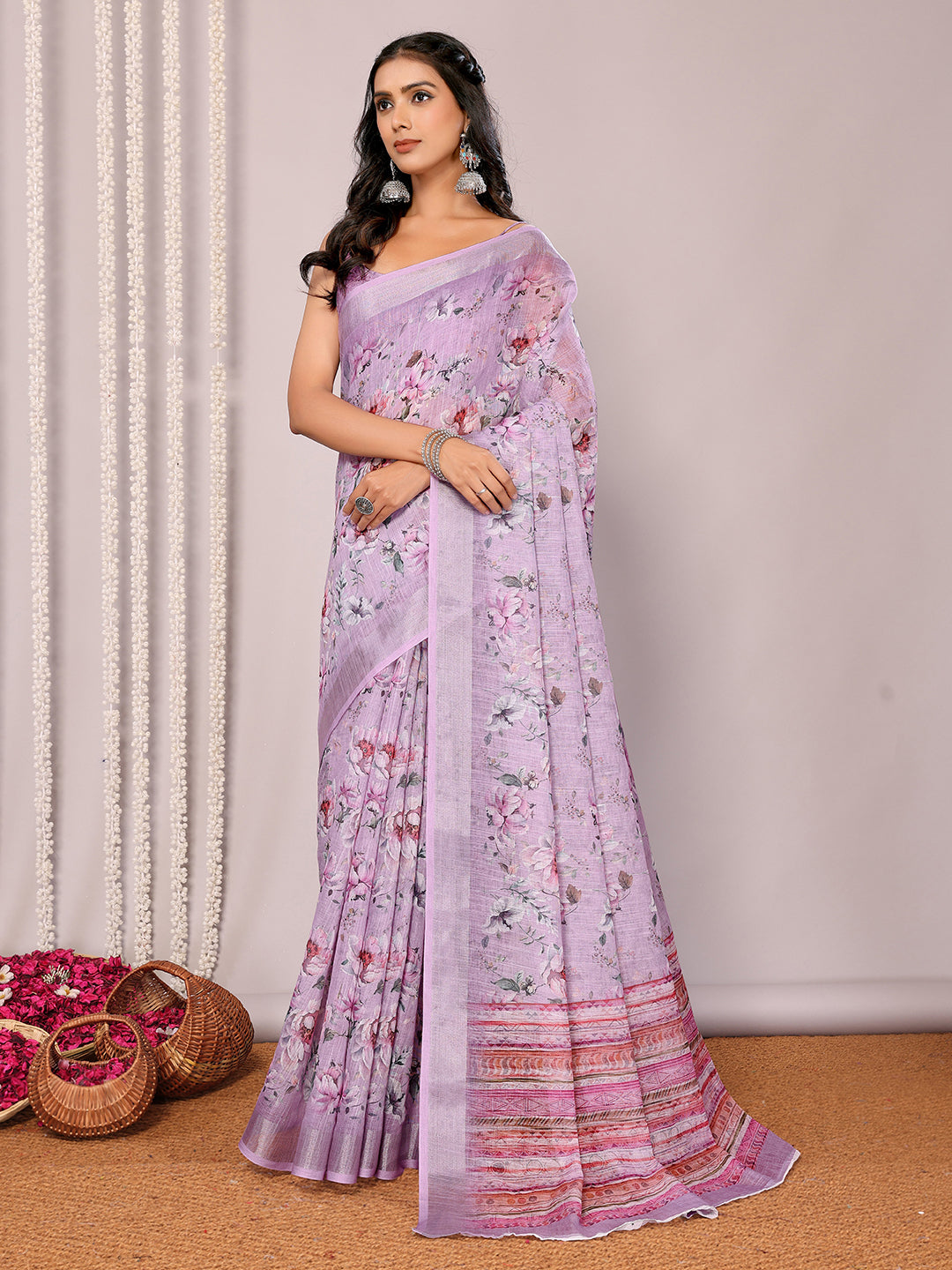 Janasya Lavender Cotton Linen Floral Printed Saree - Distacart