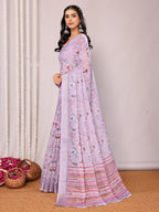 Janasya Lavender Cotton Linen Floral Printed Saree - Distacart
