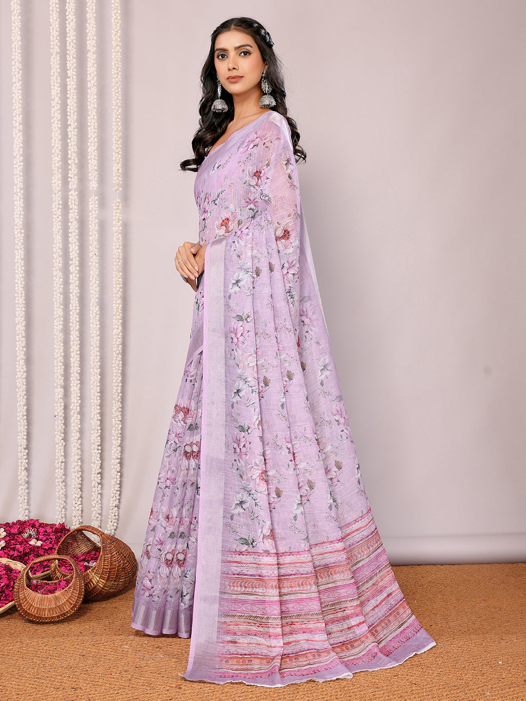 Janasya Lavender Cotton Linen Floral Printed Saree - Distacart