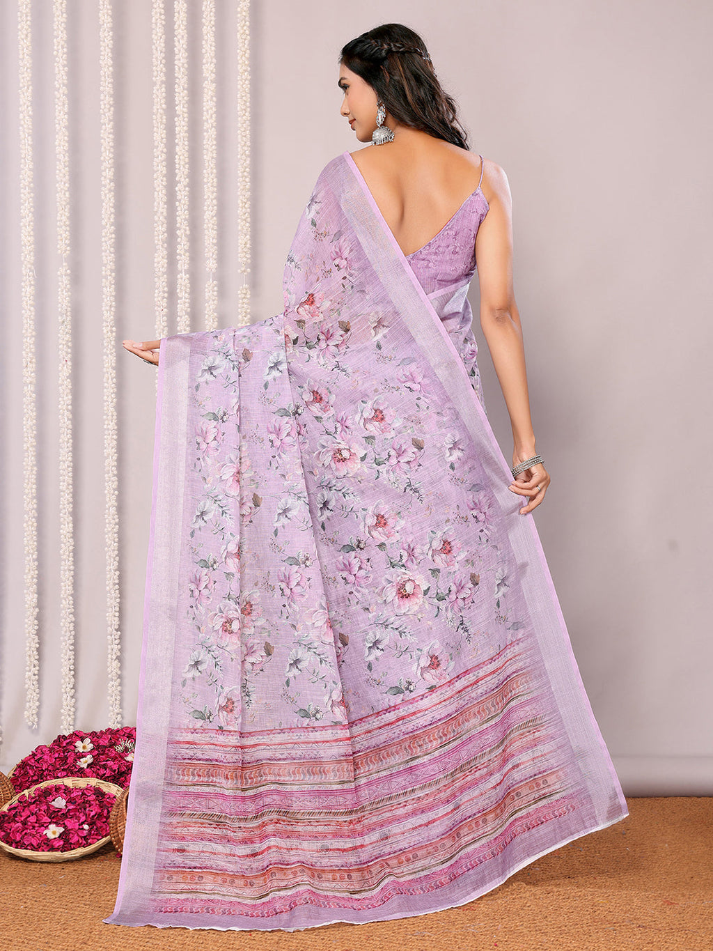 Janasya Lavender Cotton Linen Floral Printed Saree - Distacart