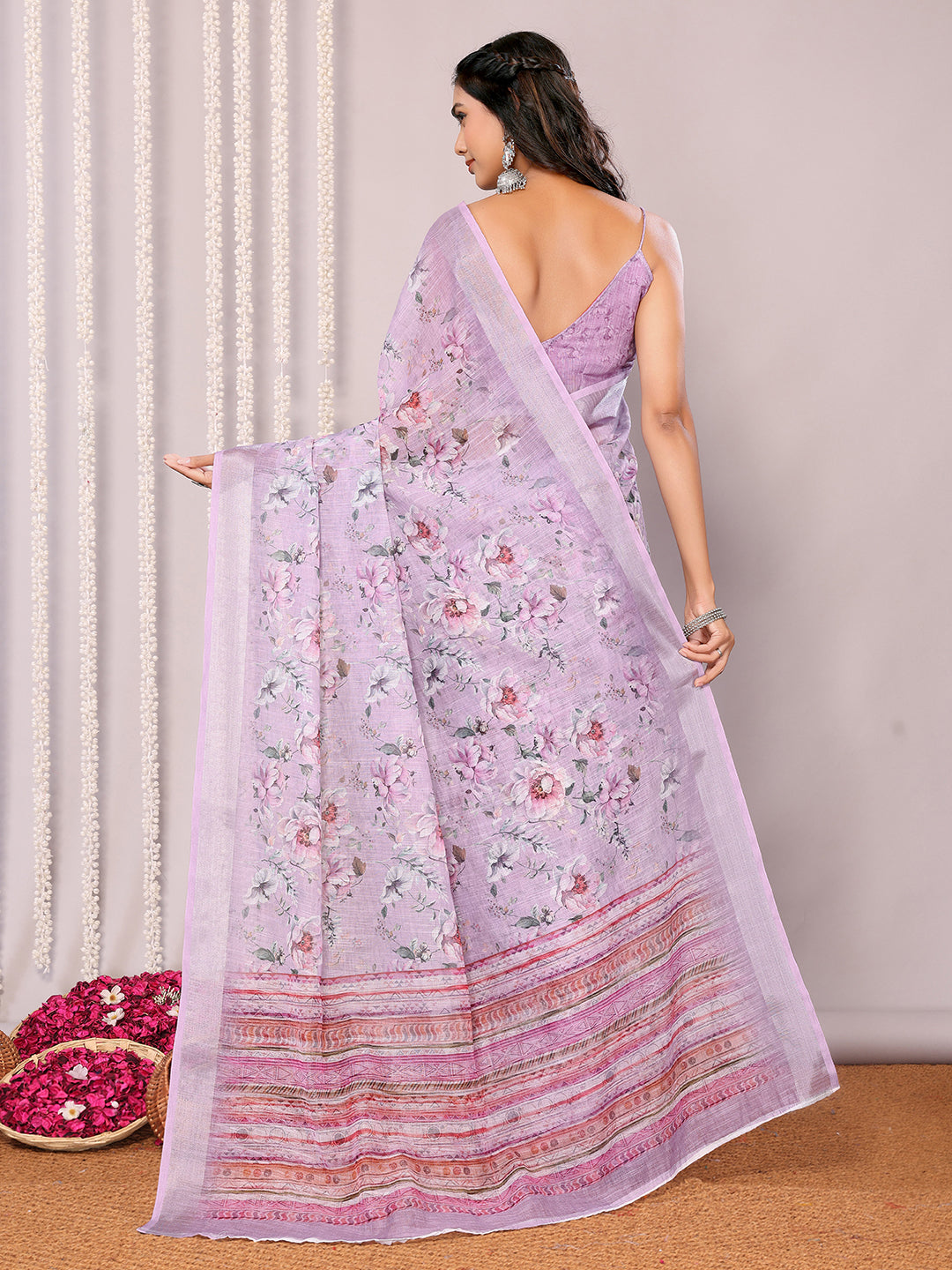 Janasya Lavender Cotton Linen Floral Printed Saree - Distacart