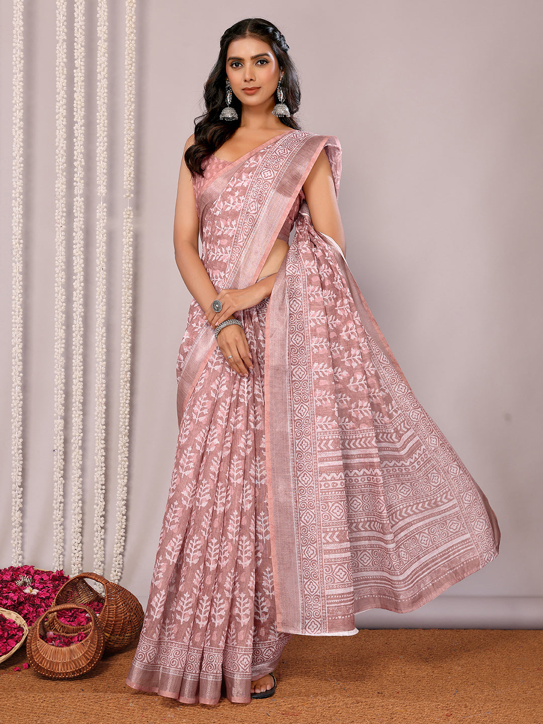 Janasya Mauve Cotton Linen Block Print Printed Saree - Distacart