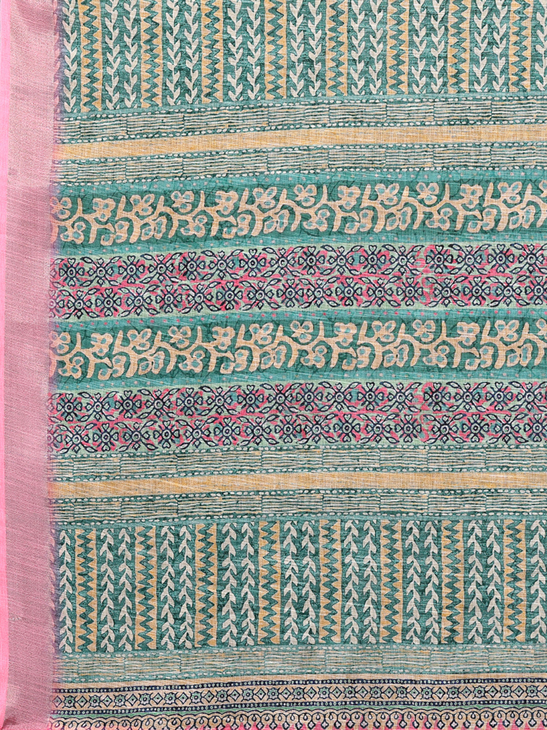 Janasya Green Cotton Linen Chevron Printed Saree - Distacart