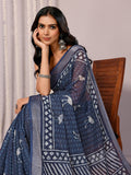 Janasya Navy Blue Cotton Linen Geometric Printed Saree - Distacart
