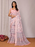 Janasya Light Pink Cotton Linen Floral Printed Saree - Distacart