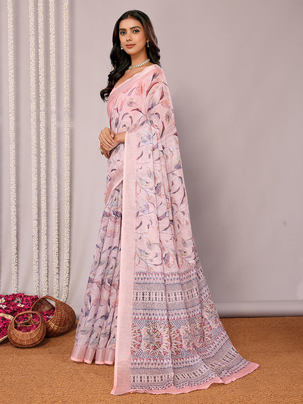 Janasya Light Pink Cotton Linen Floral Printed Saree - Distacart