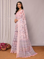 Janasya Light Pink Cotton Linen Floral Printed Saree - Distacart