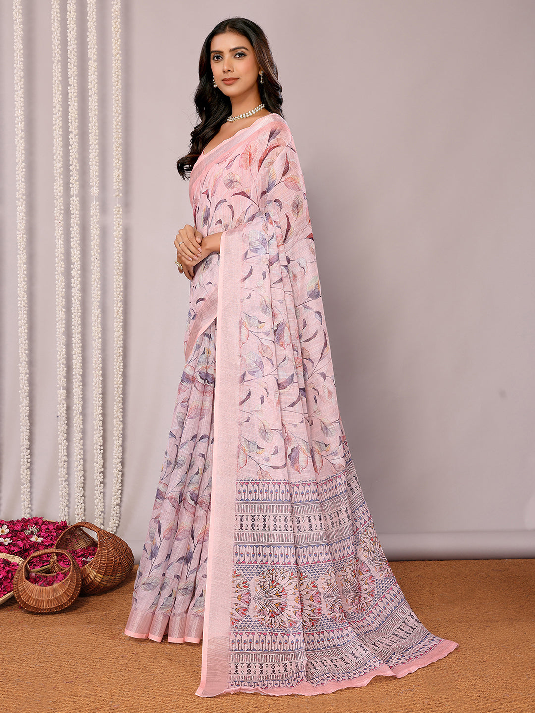 Janasya Light Pink Cotton Linen Floral Printed Saree - Distacart
