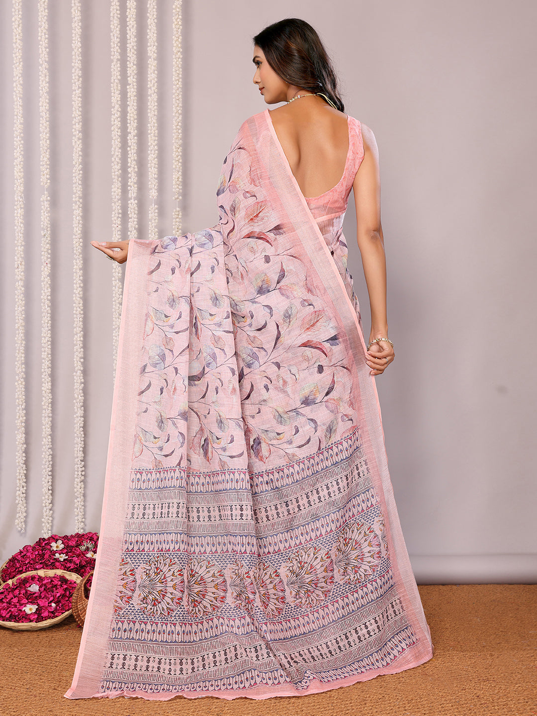 Janasya Light Pink Cotton Linen Floral Printed Saree - Distacart