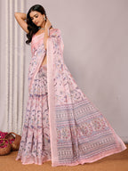 Janasya Light Pink Cotton Linen Floral Printed Saree - Distacart