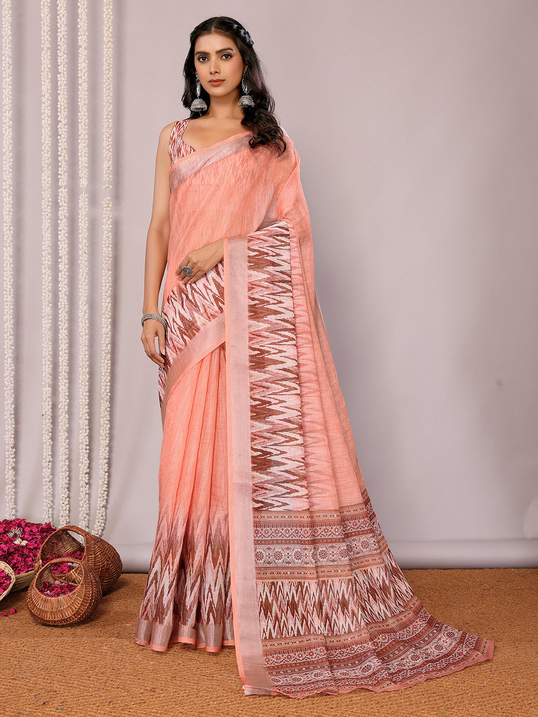 Janasya Peach Cotton Linen Ikkat Printed Saree - Distacart