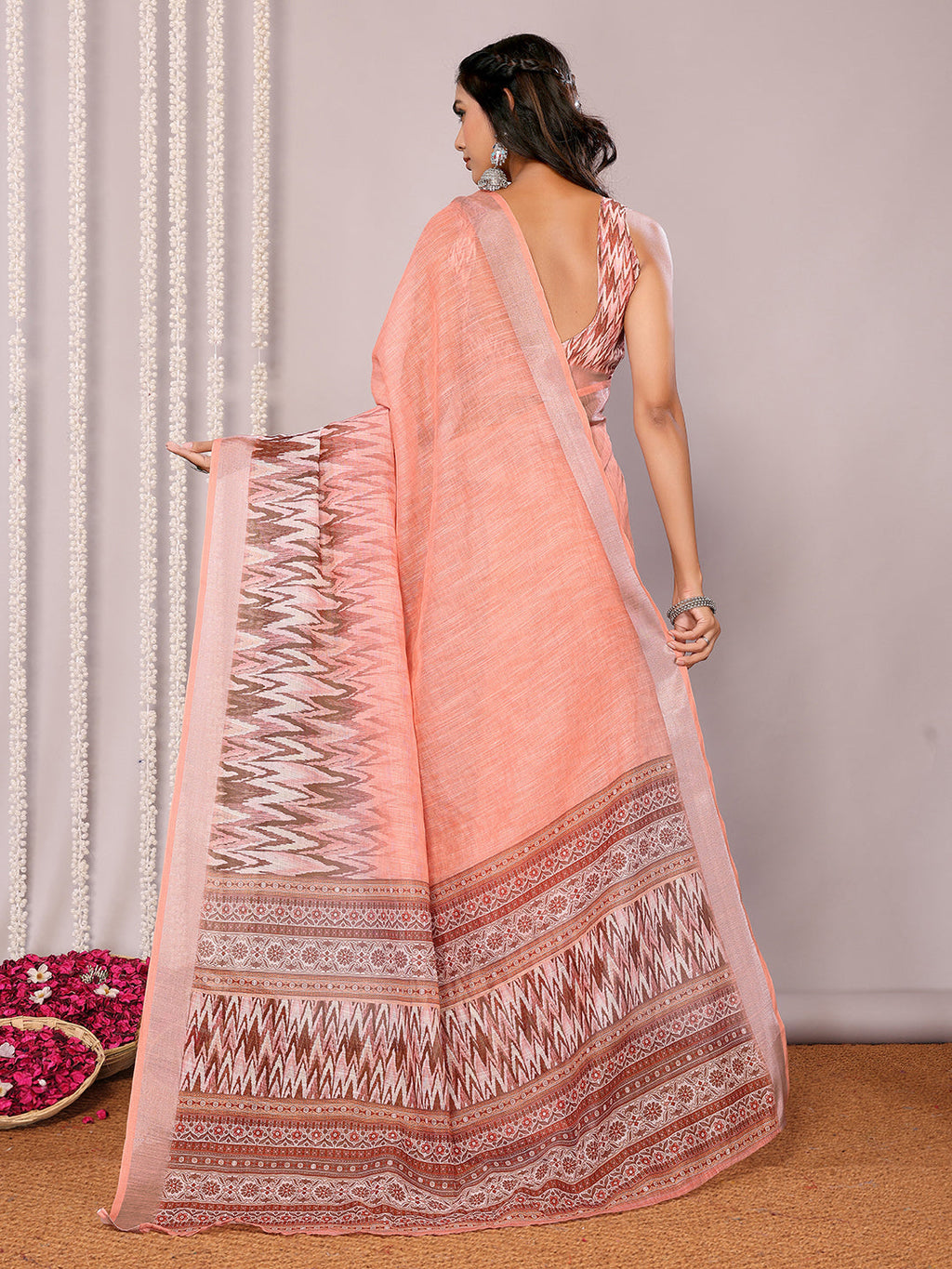 Janasya Peach Cotton Linen Ikkat Printed Saree - Distacart