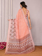 Janasya Peach Cotton Linen Ikkat Printed Saree - Distacart