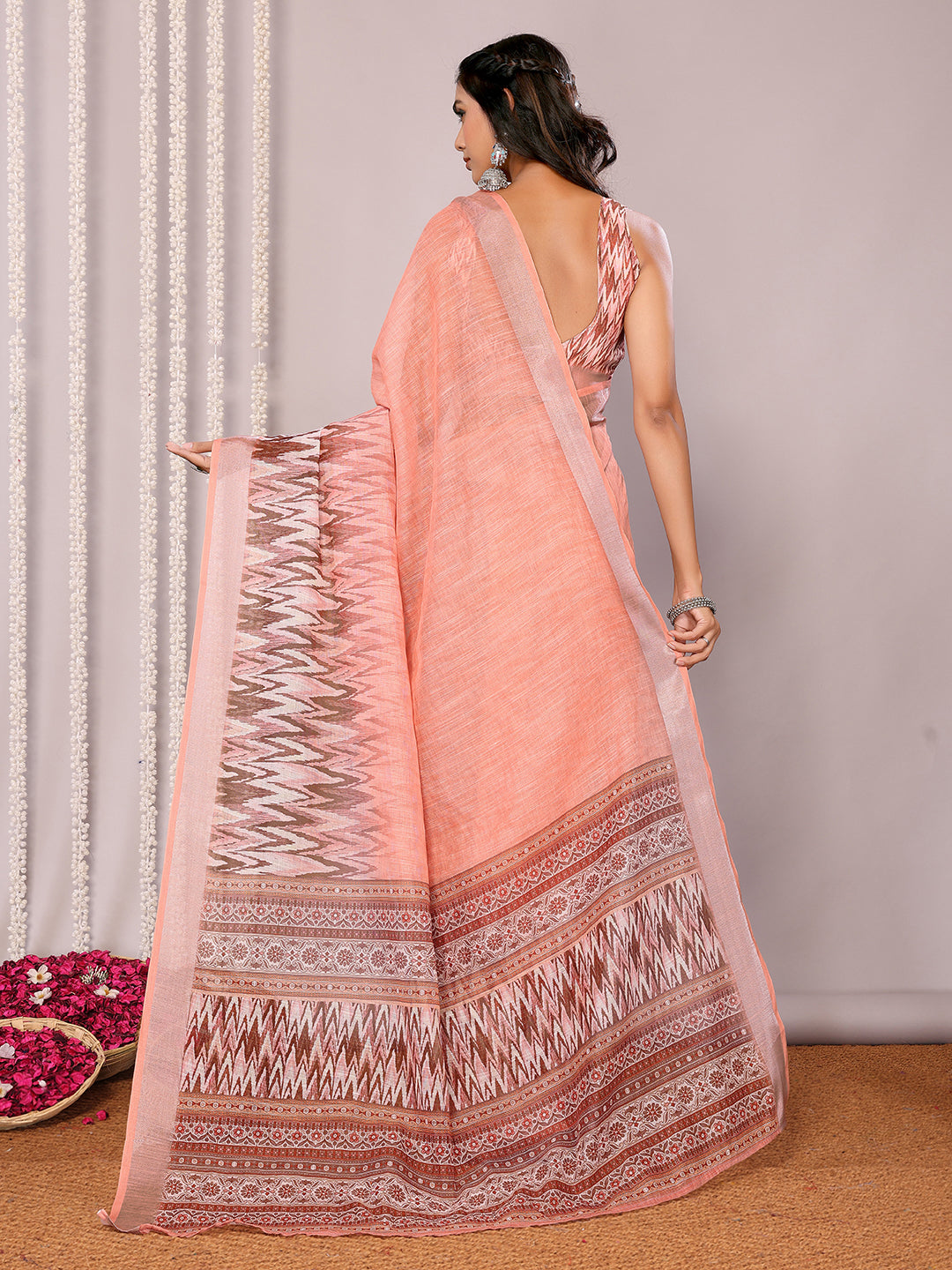 Janasya Peach Cotton Linen Ikkat Printed Saree - Distacart
