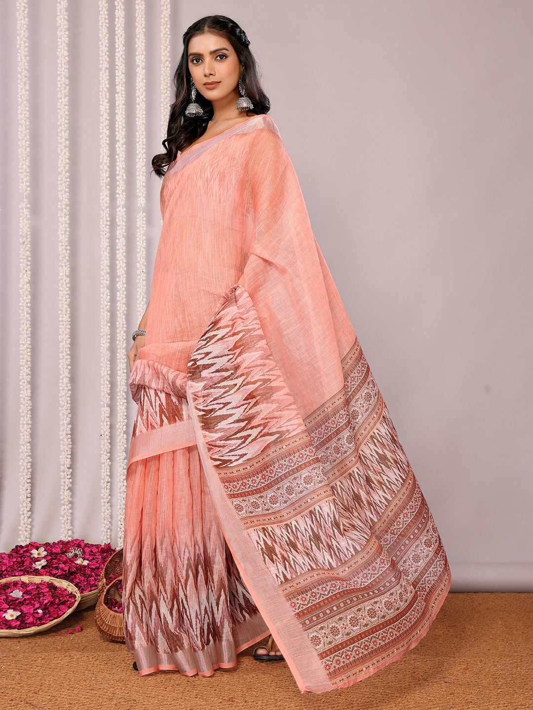 Janasya Peach Cotton Linen Ikkat Printed Saree - Distacart