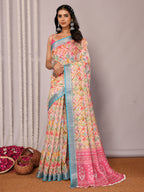 Janasya Multicolor Cotton Linen Floral Printed Saree - Distacart