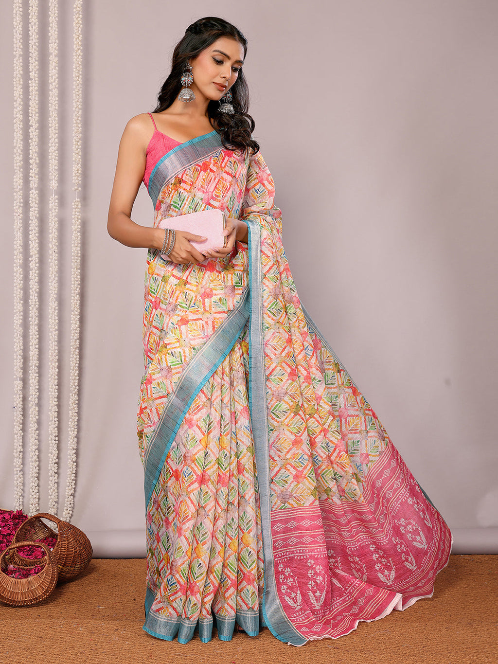 Janasya Multicolor Cotton Linen Floral Printed Saree - Distacart