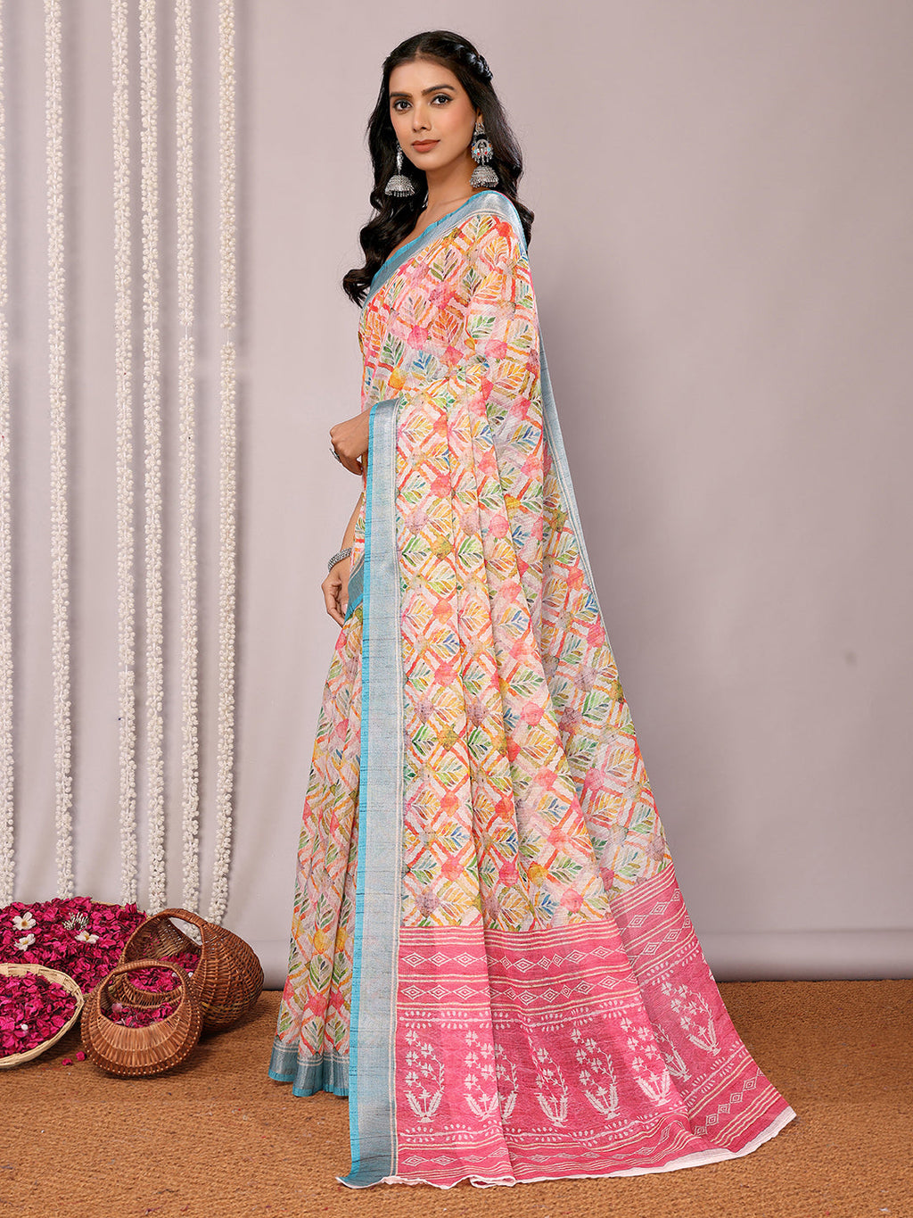 Janasya Multicolor Cotton Linen Floral Printed Saree - Distacart