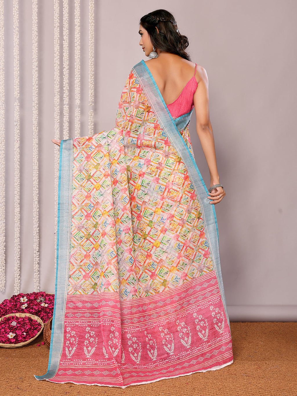 Janasya Multicolor Cotton Linen Floral Printed Saree - Distacart